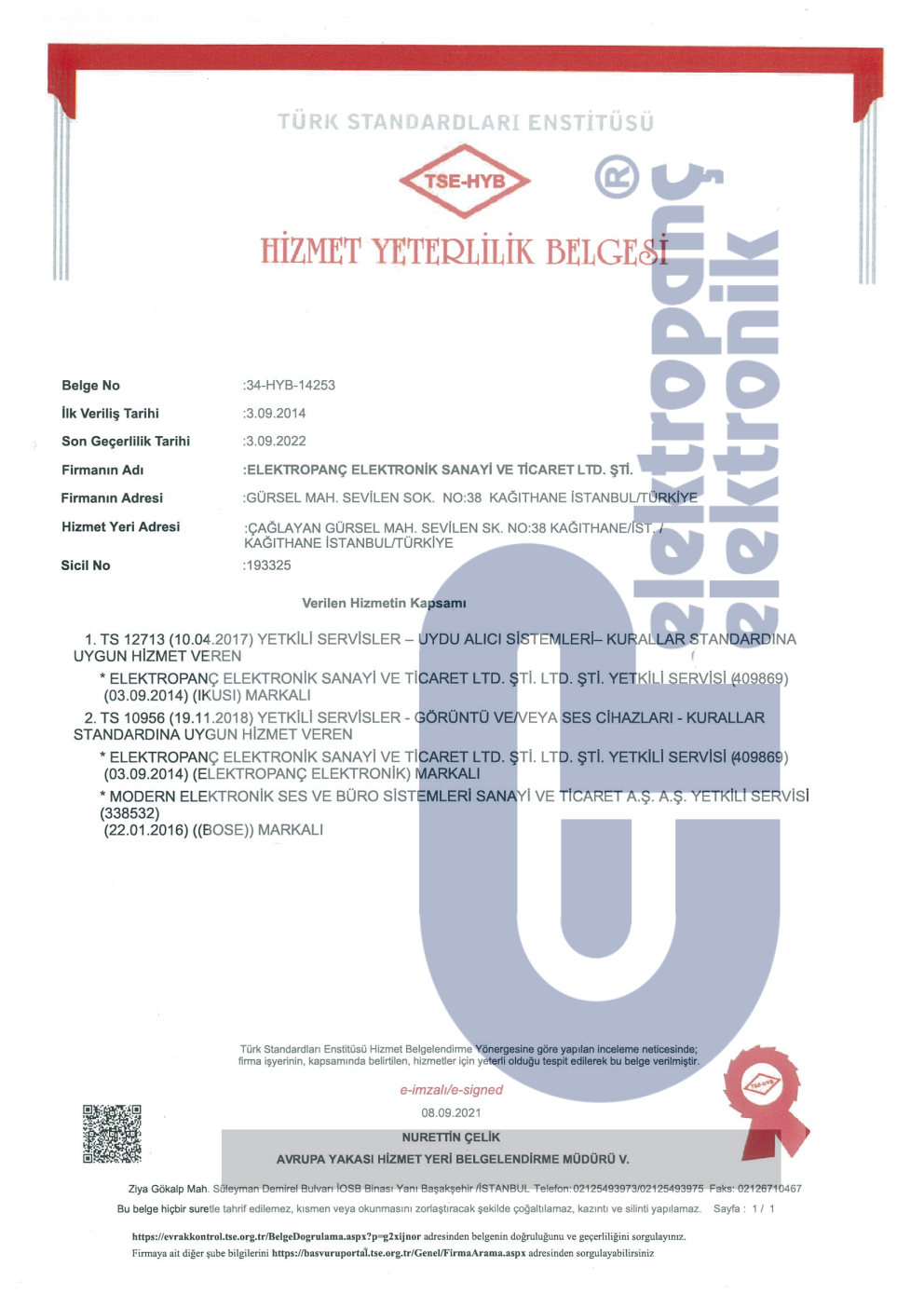 Elektropanç Certificates - TSE